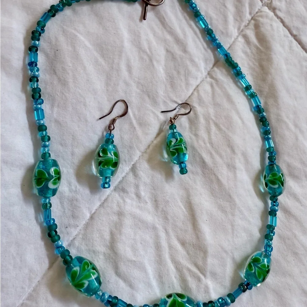 Blue and Green Beaded Necklace & Earrings Set
